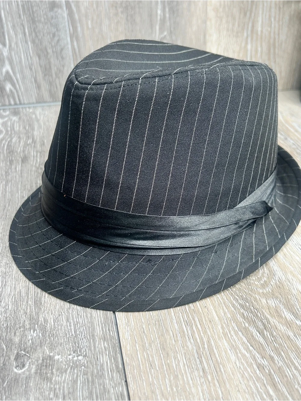 Black Pinstripe Fedora Hat • Classic Gangster Style • Satin Band • One Size
